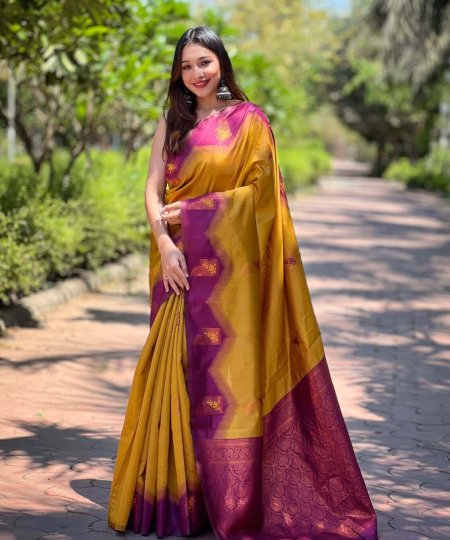 Mustard Kanjivaram Banarasi Silk Saree DV407