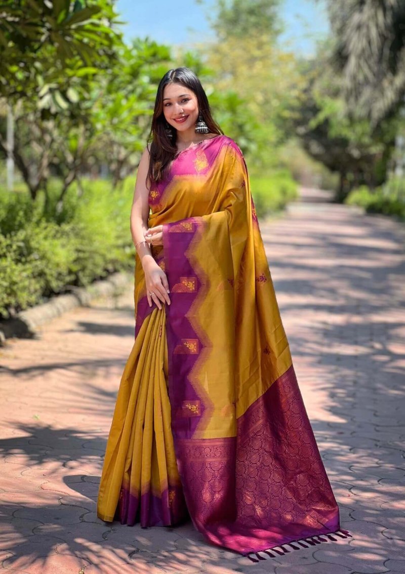 Mustard Kanjivaram Banarasi Silk Saree DV407