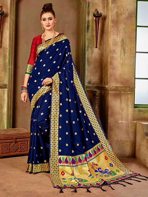 Navy Blue Banarasi silk woven saree with blouse piece - Banarasi silk