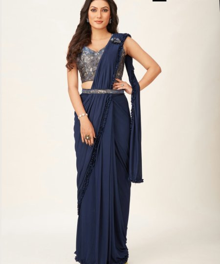 Navy Blue Fancy Ready to Wear Saree with Belt and Flower Brooch DVZ0003533