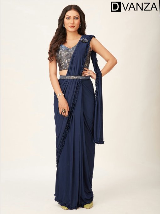 Navy Blue Fancy Ready to Wear Saree with Belt and Flower Brooch DVZ0003533