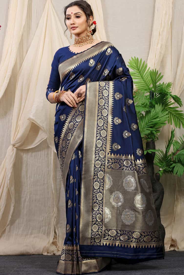 Navy Blue color Kanchipuram Pure silk Handloom Saree DVZ0003519