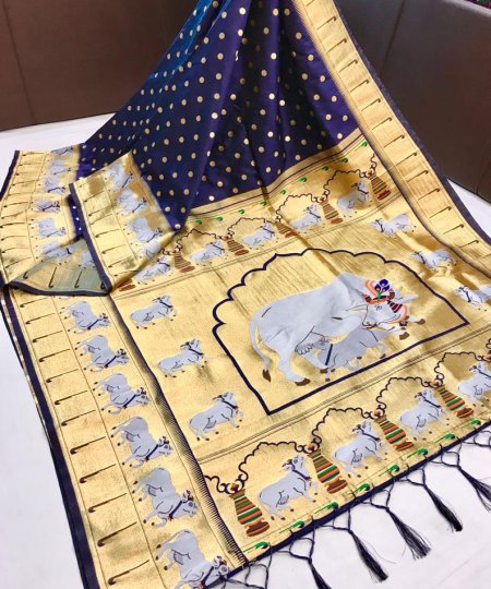 Kanchipuram Silk Saree with Cow Pattern Woven Pallu