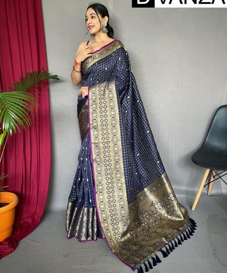 Navy blue color traditional Soft silk woven checks saree dvz0003435