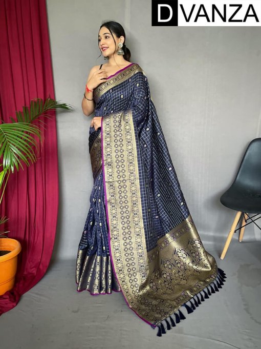 Navy blue color traditional Soft silk woven checks saree dvz0003435