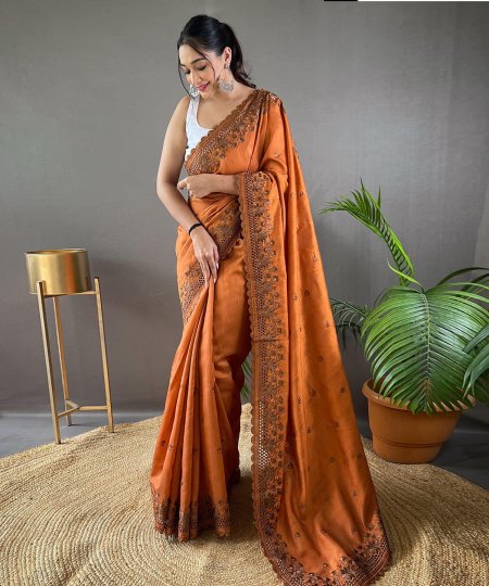 Orange Art Silk Embroidered Party wear saree DVZ0003966