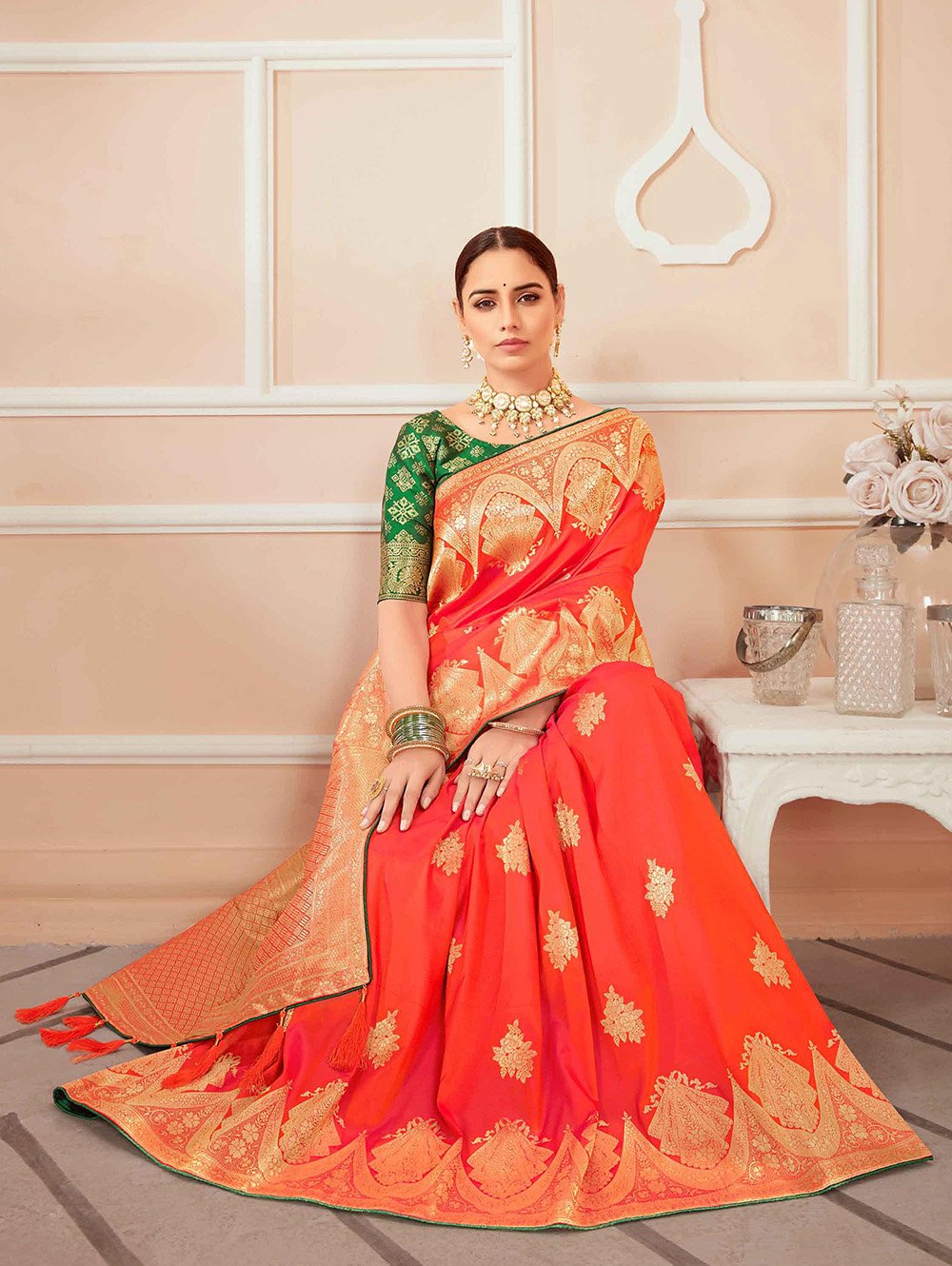 Orange Banarasi Silk Ethnic Motifs Saree dvz0003104-2