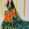 Orange Green Bandhani Print Saree DVZ0003976