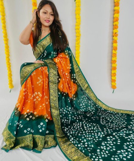 Orange Green Bandhani Print Saree DVZ0003976