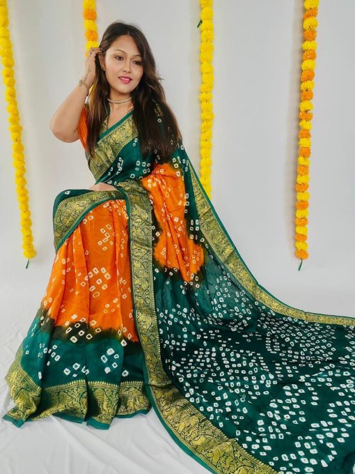 Orange Green Bandhani Print Saree DVZ0003976