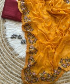 Orange Trendy Embroidered Georgette Saree with Elegant Cutwork Design - DV414-3