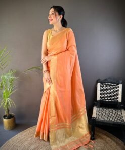 Orange Trendy Zari Woven Cotton Saree DV412