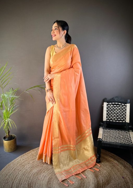 Orange Trendy Zari Woven Cotton Saree DV412