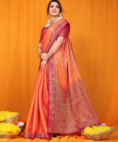 Orange color Softy silk saree with golden border