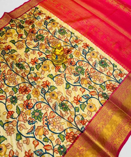 Kalamkari silk saree online with intricate flower printed design