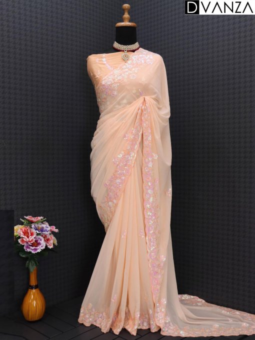 Peach Embroidered Georgette Designer Saree dvz0003759