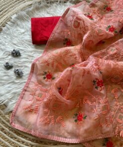 Peach Organza Silk Designer Embroidered Saree DV411-3