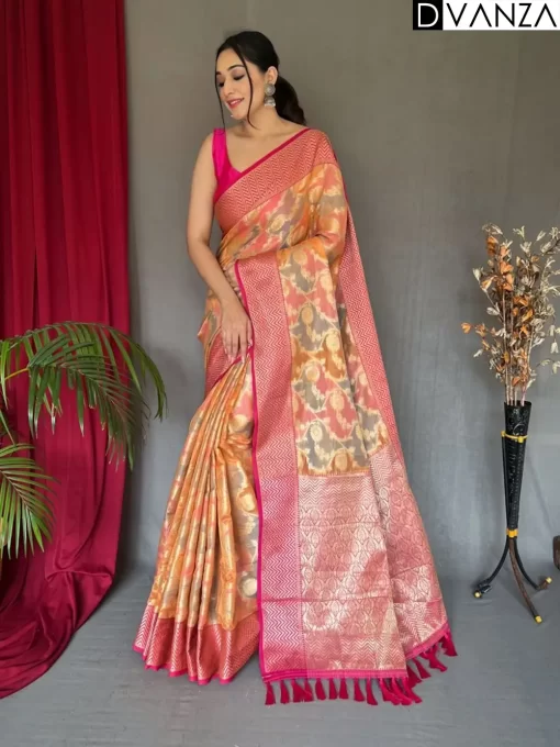 Peach Tissue Silk Saree with Contrast Blouse dvz0003635