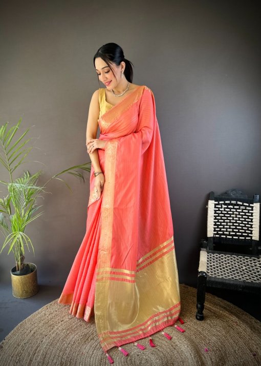 Peach Trendy Zari Woven Cotton Saree DV412