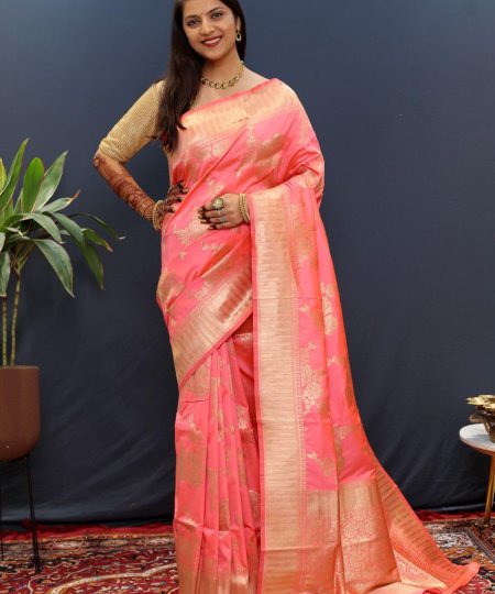 Peach Woven Design Zari Silk Blend Banarasi Saree DVZ0003986