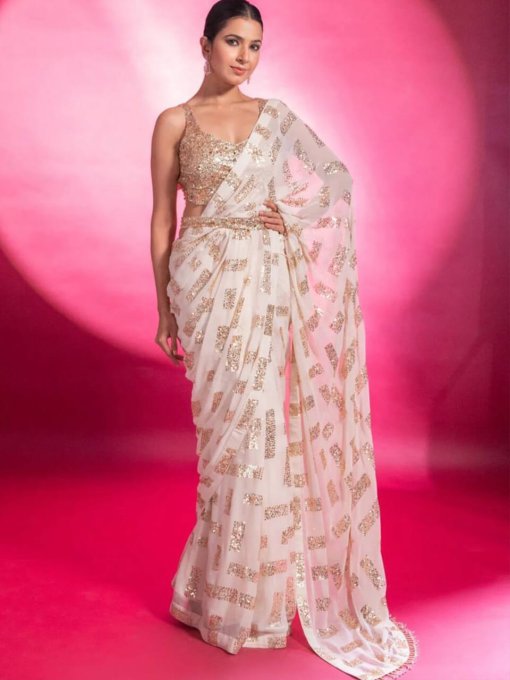 Perfect Box Sequin Saree in Off white color dvz0003545