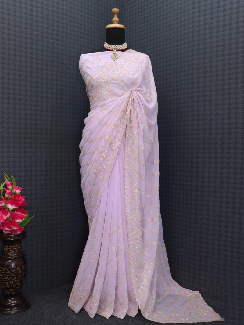 Pink Georgette Embroidered Sequence work Saree DV417-2