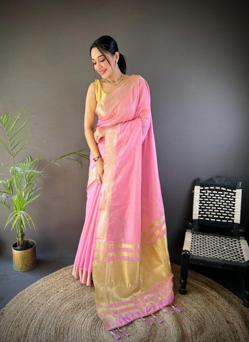 Pink Trendy Zari Woven Cotton Saree DV412