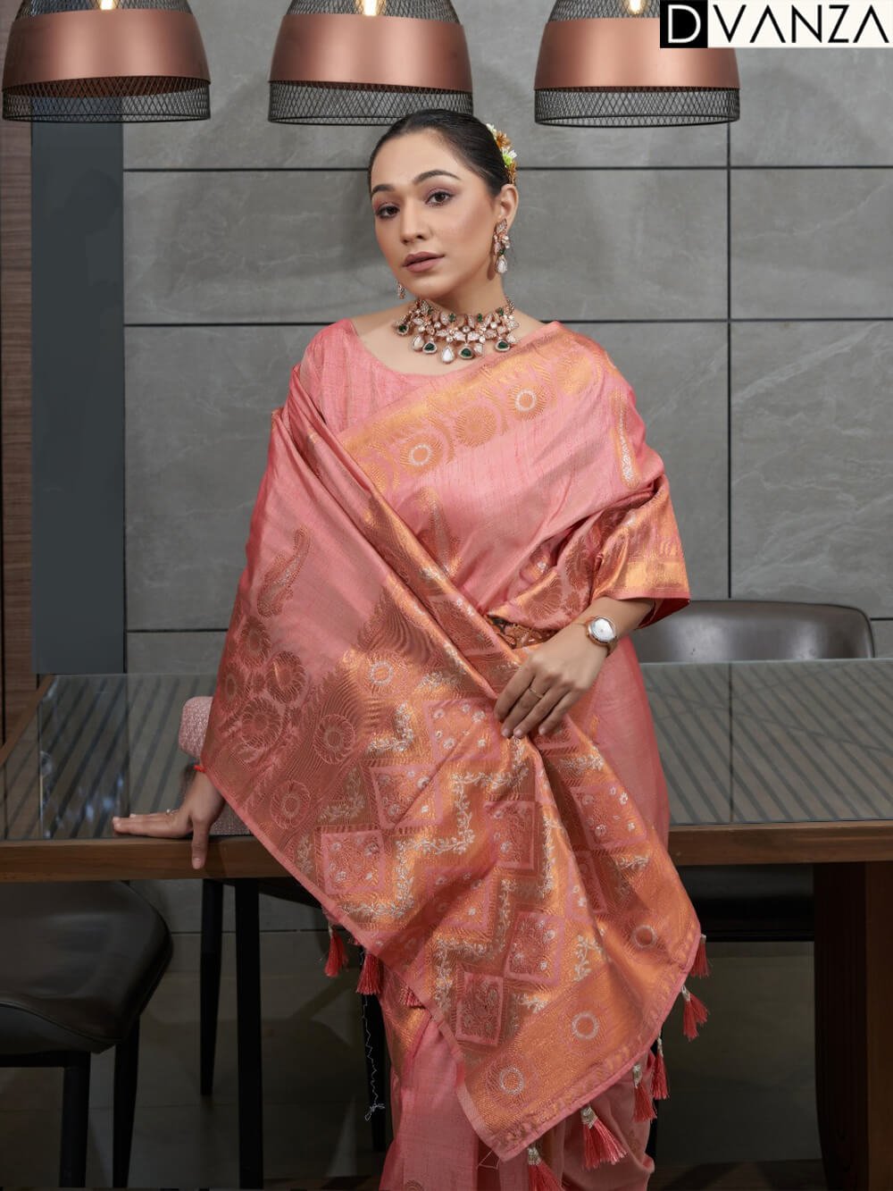 Pink Woven Design Copper Silver Zari Cotton Saree DVZ0003738-2