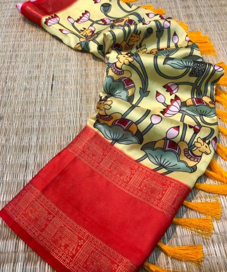 Premium Quality Yellow Kanchipuram Digital Printed saree dvz0003497