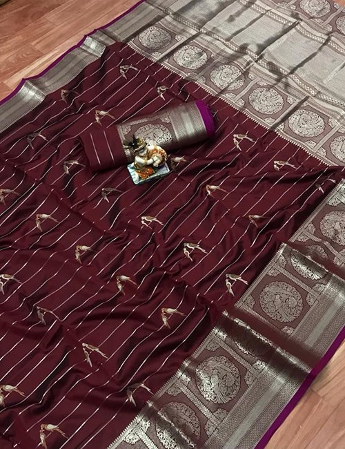 Pure jacquard brown saree with silver gold zari work saree dvz0001836 Pure jacquard brown saree with silver gold zari work saree dvz0001836