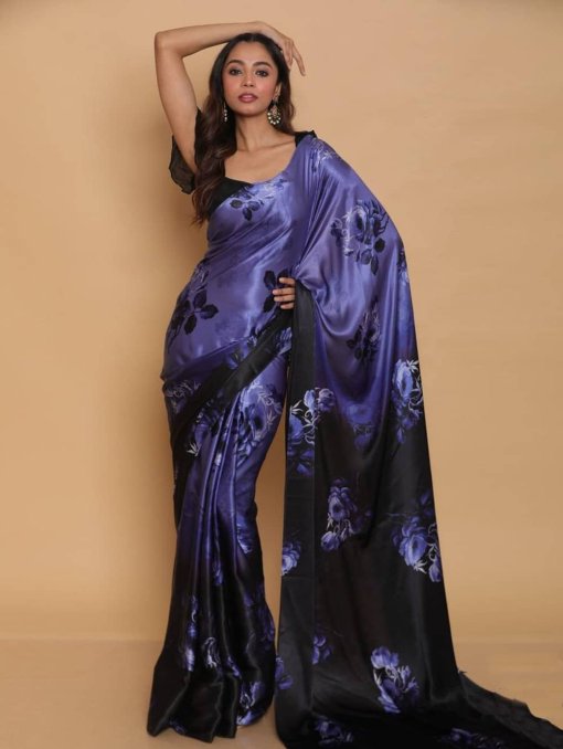 Pure japan digital printed satin silk saree (Black) dvz0001352