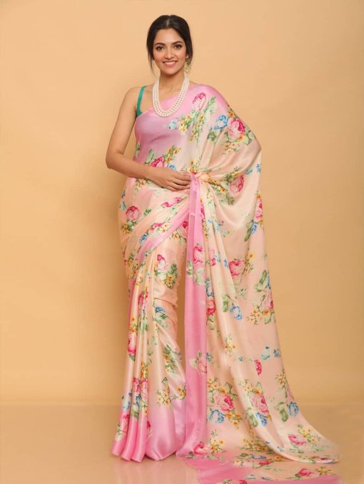 Pure japan digital printed satin silk saree (Pink) dvz0001353