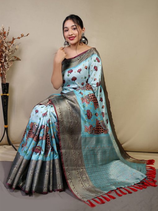 Pure kanchipuram saree with 3D kalamkari prints - dvz0003285