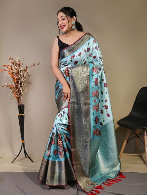 Pure kanchipuram saree with 3D kalamkari prints - dvz0003285