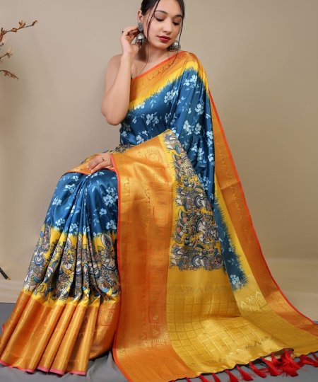 Pure kanchipuram saree with 3D kalamkari prints - dvz0003286