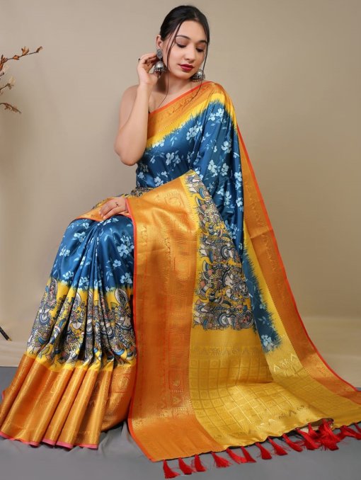 Pure kanchipuram saree with 3D kalamkari prints - dvz0003286