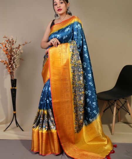 Pure kanchipuram saree with 3D kalamkari prints - dvz0003286