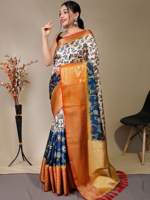 Pure kanchipuram saree with 3D kalamkari prints - dvz0003291