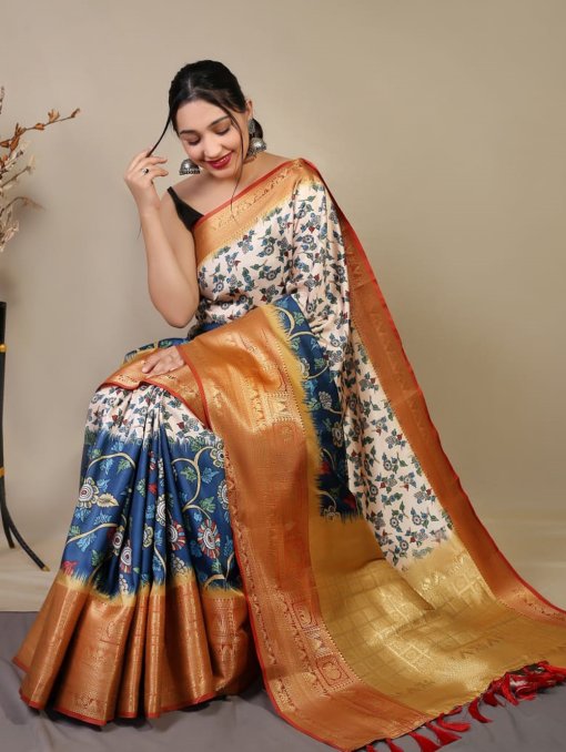 Pure kanchipuram saree with 3D kalamkari prints - dvz0003291