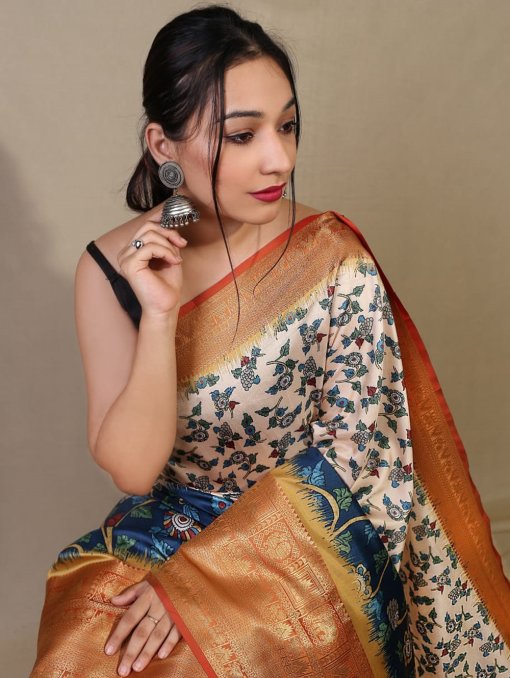 Pure kanchipuram saree with 3D kalamkari prints - dvz0003291