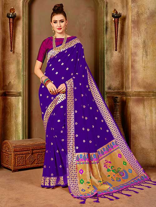 Purple Banarasi silk woven saree with blouse piece - Banarasi silk saree