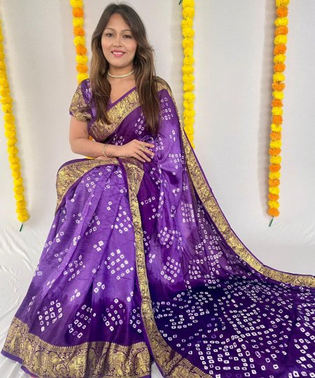 Purple Bandhani Saree With Unstitched Blouse Piece DVZ0003974