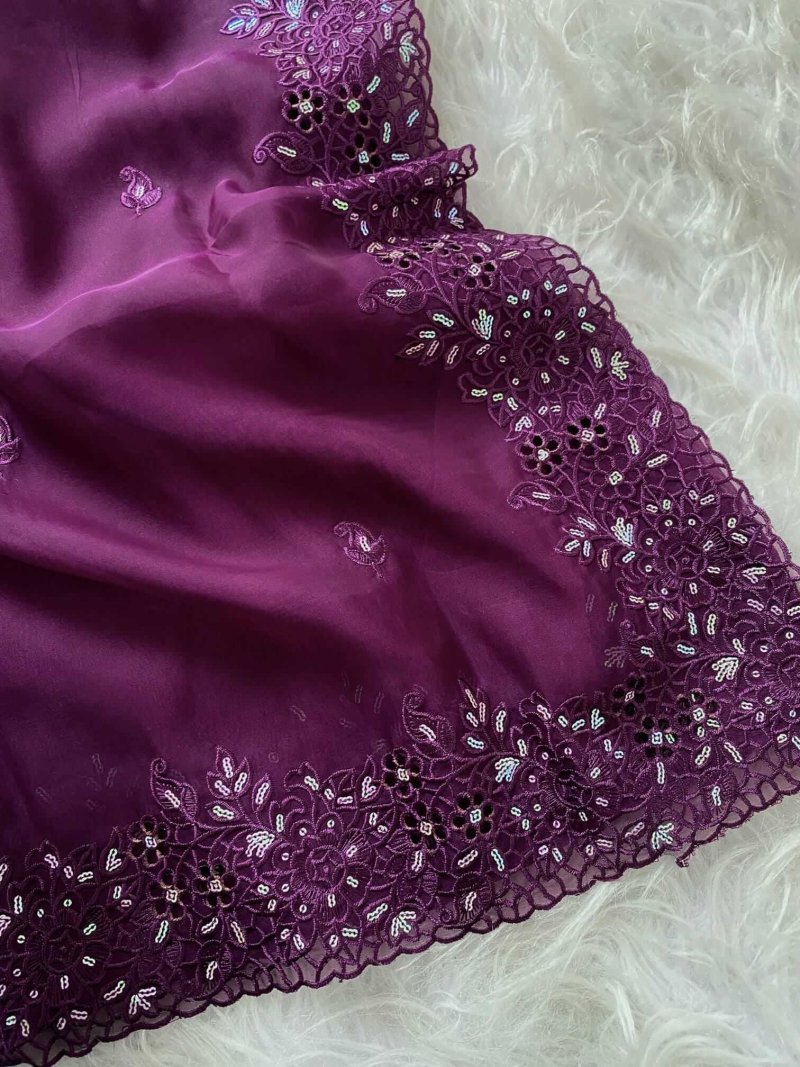 Purple Organza Zari Sequins Work Saree DV437