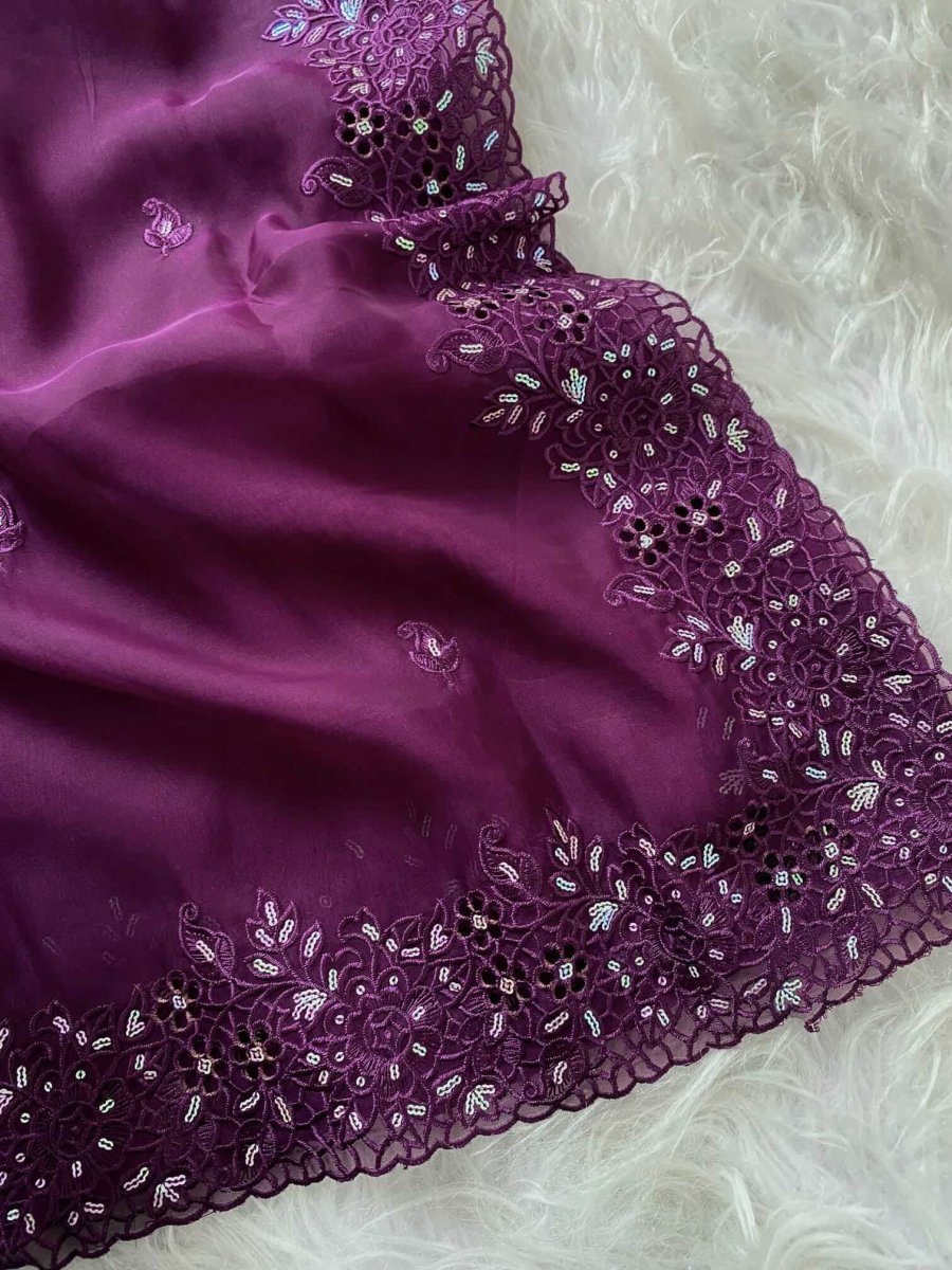 Purple Organza Zari Sequins Work Saree DV437