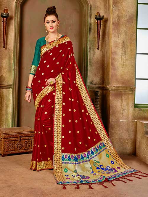 Red Banarasi silk woven saree with blouse piece - Banarasi silk saree