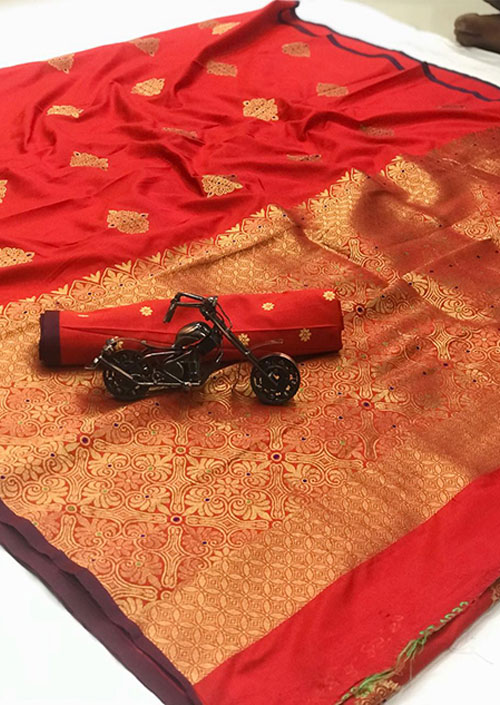 Red Banarasi weaving Handloom Silk Saree And Nice Extra Ordinary Design dvz000085