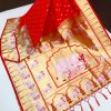 Red Kanchipuram Silk Saree with Cow Pattern Woven Border