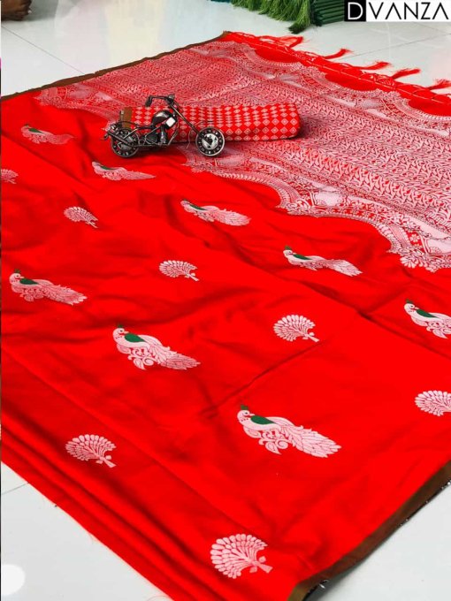 Red Mor Lichi Silk Weaving Jacquard Saree