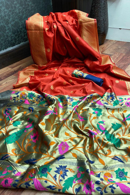 Red soft Banarasi silk Paithani Style saree With Rich Pallu dvz000094