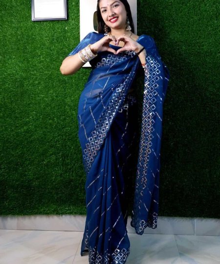 Royal Blue Sequinned Georgette Saree dvz0003915